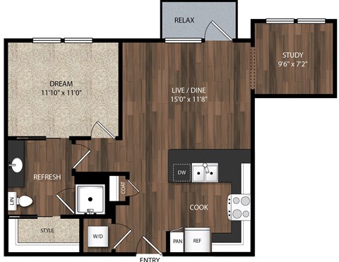 Main Street Flats Apartments Phase II 1x1 + Study T Floor Plan